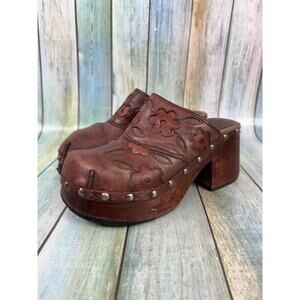 Candies Y2K Leather Platform Mules Clog Size 7.5 Brown Hippie Flowers Wood Heel